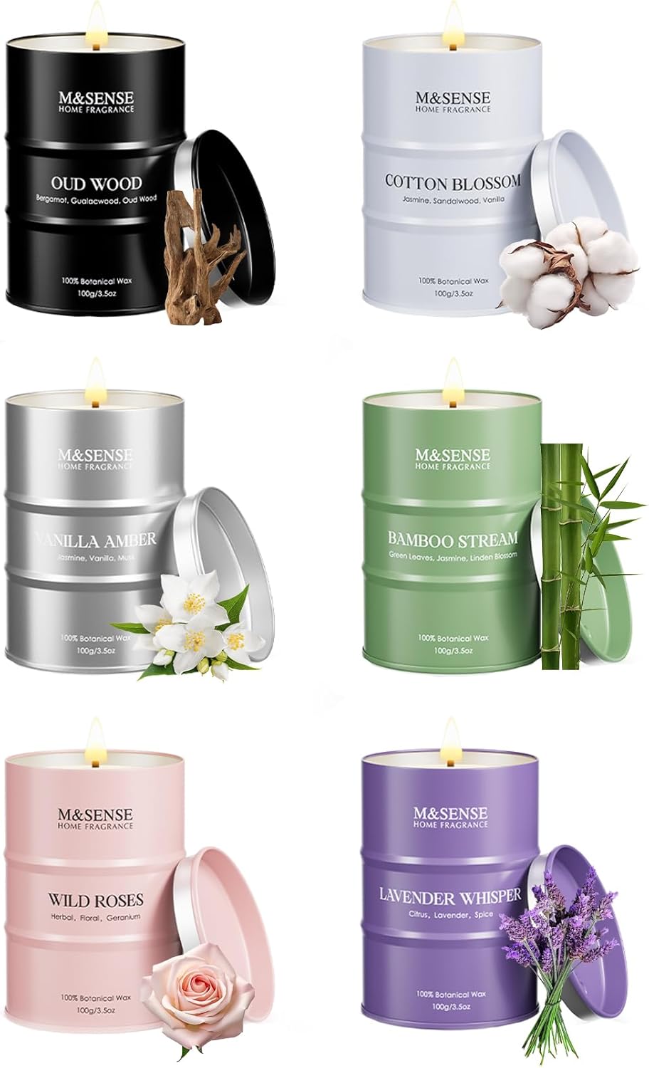 candles in metallic, colorful containers