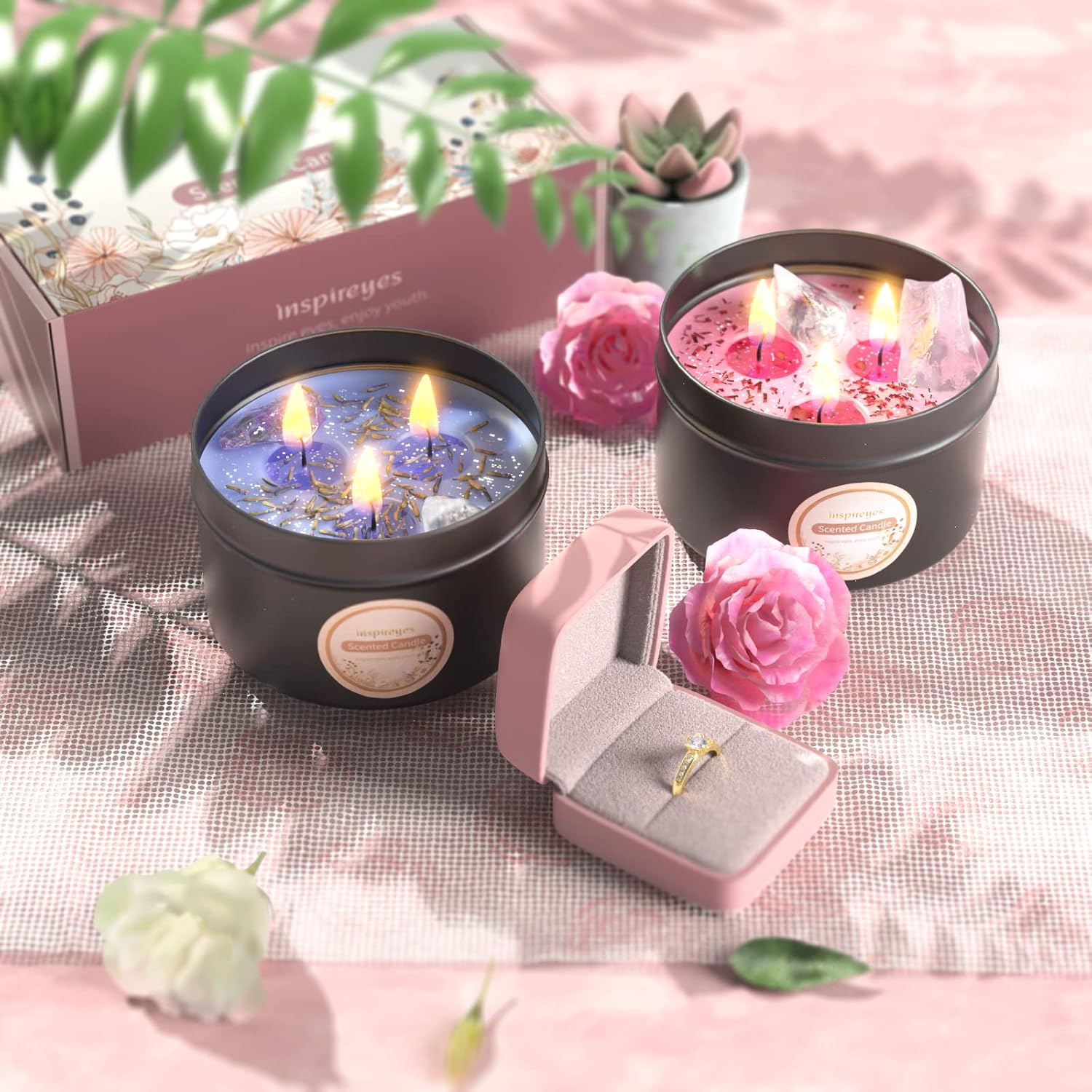 Scented Candles Set with Crystal, 3 Wick, 19 oz