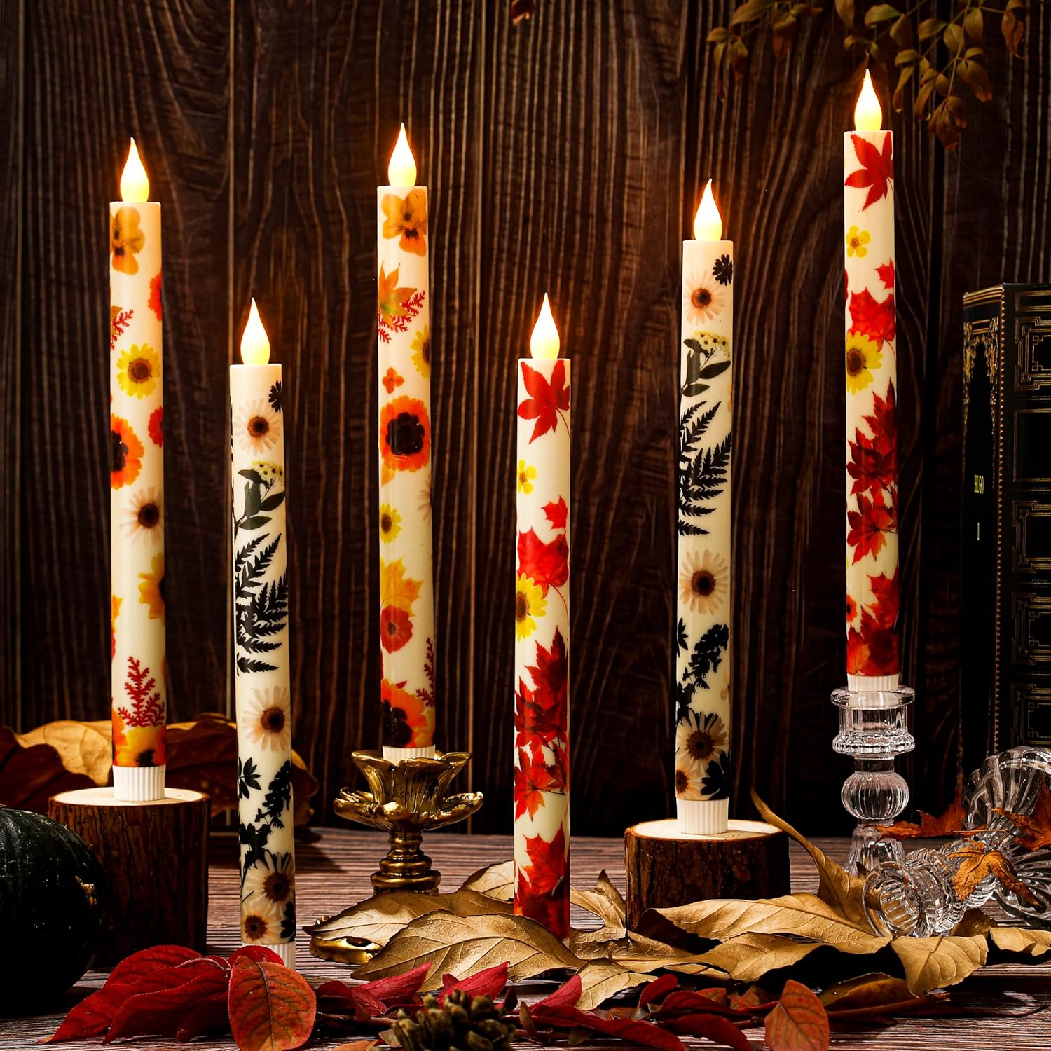 Flameless Taper Candles with Maple Leaf Prints