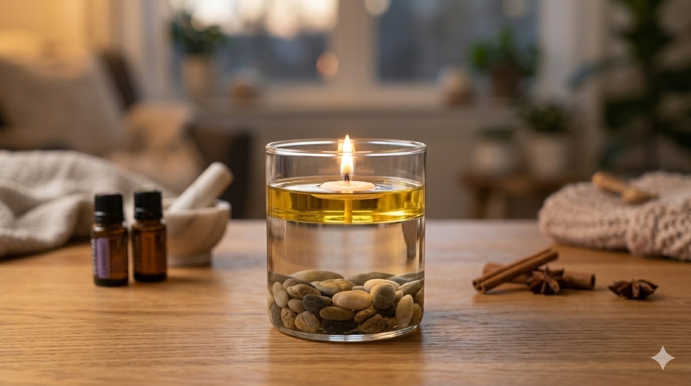 diy candle made without wax using vegetable oil, water and a floating wick in a glass jar