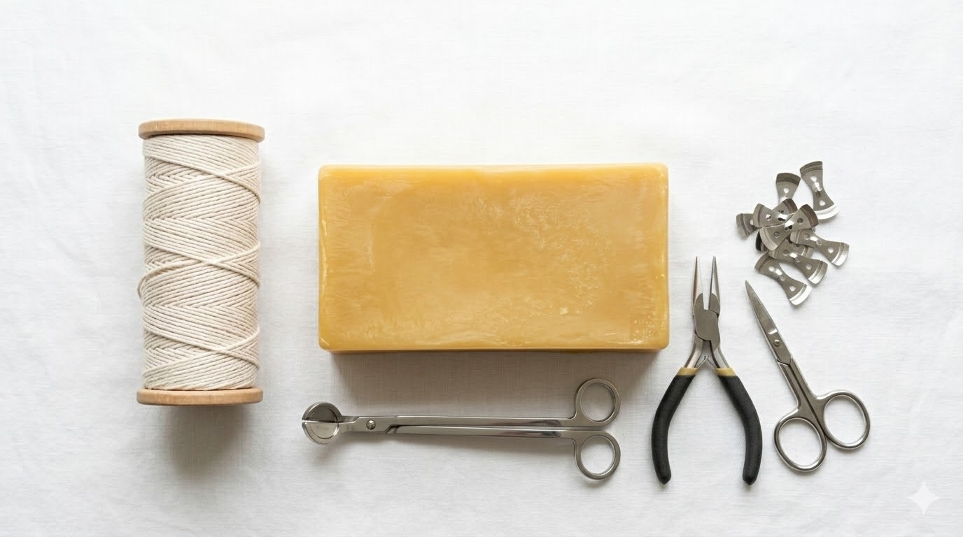 essential supplies for making diy candle wicks: cotton twine, beeswax, pliers, wick trimmer and wick tabs on a clean white background