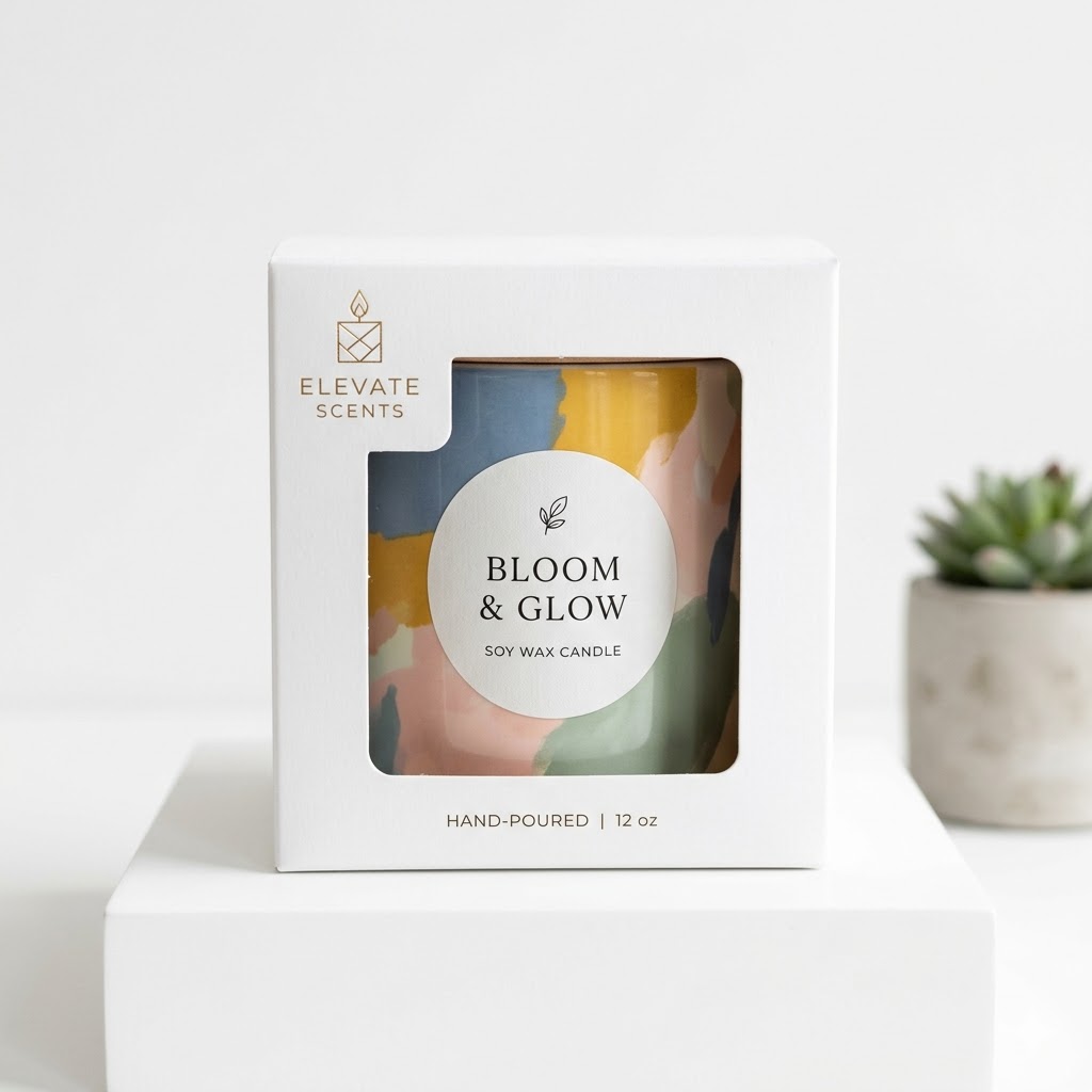 Windowed candle gift box packaging idea for small business retail and market stall display