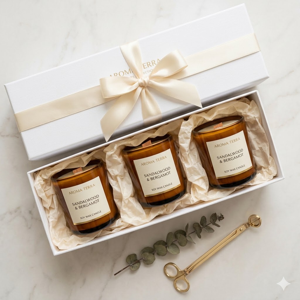 Candle gift set packaging ideas with three candles in a luxury gift box for small business
