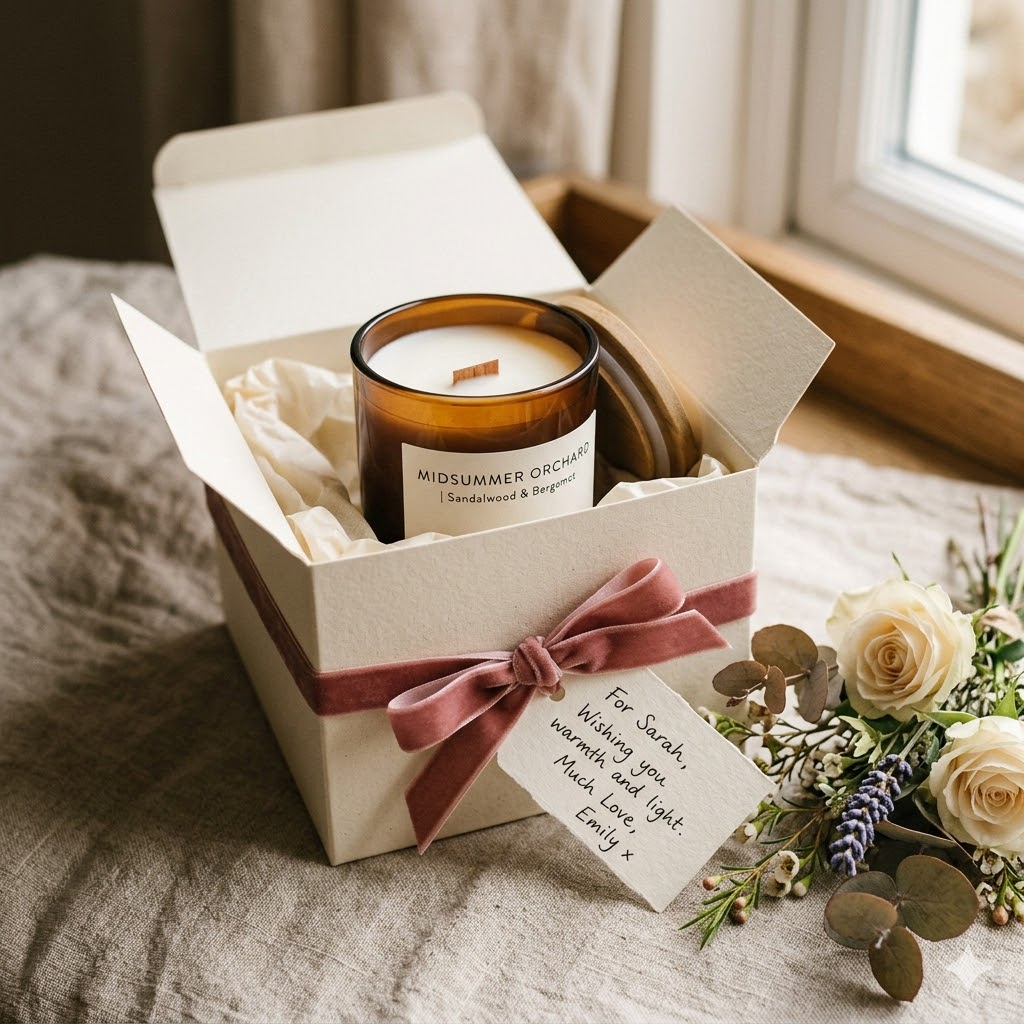 Personalised candle gift packaging idea with custom tag and ribbon for small business gifting