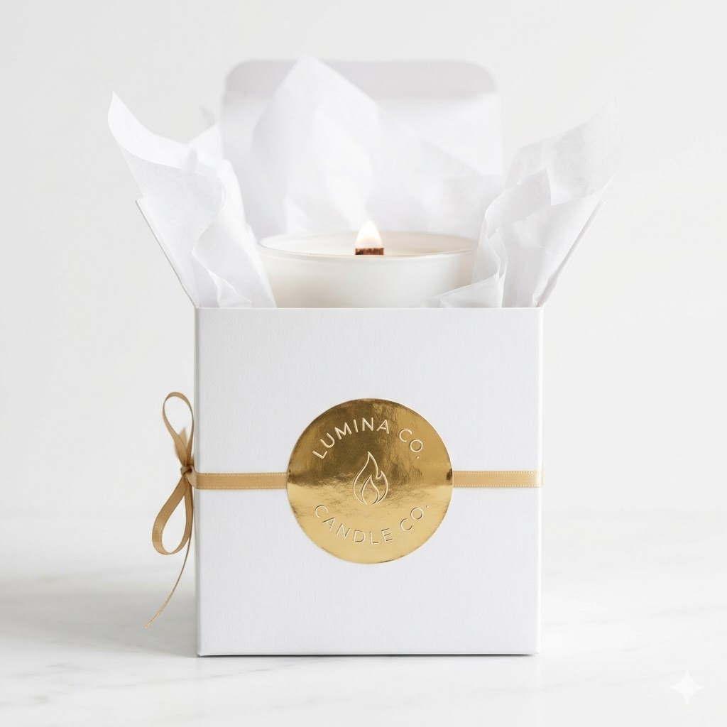 Minimalist white and gold candle gift box packaging idea for luxury candle brand aesthetic