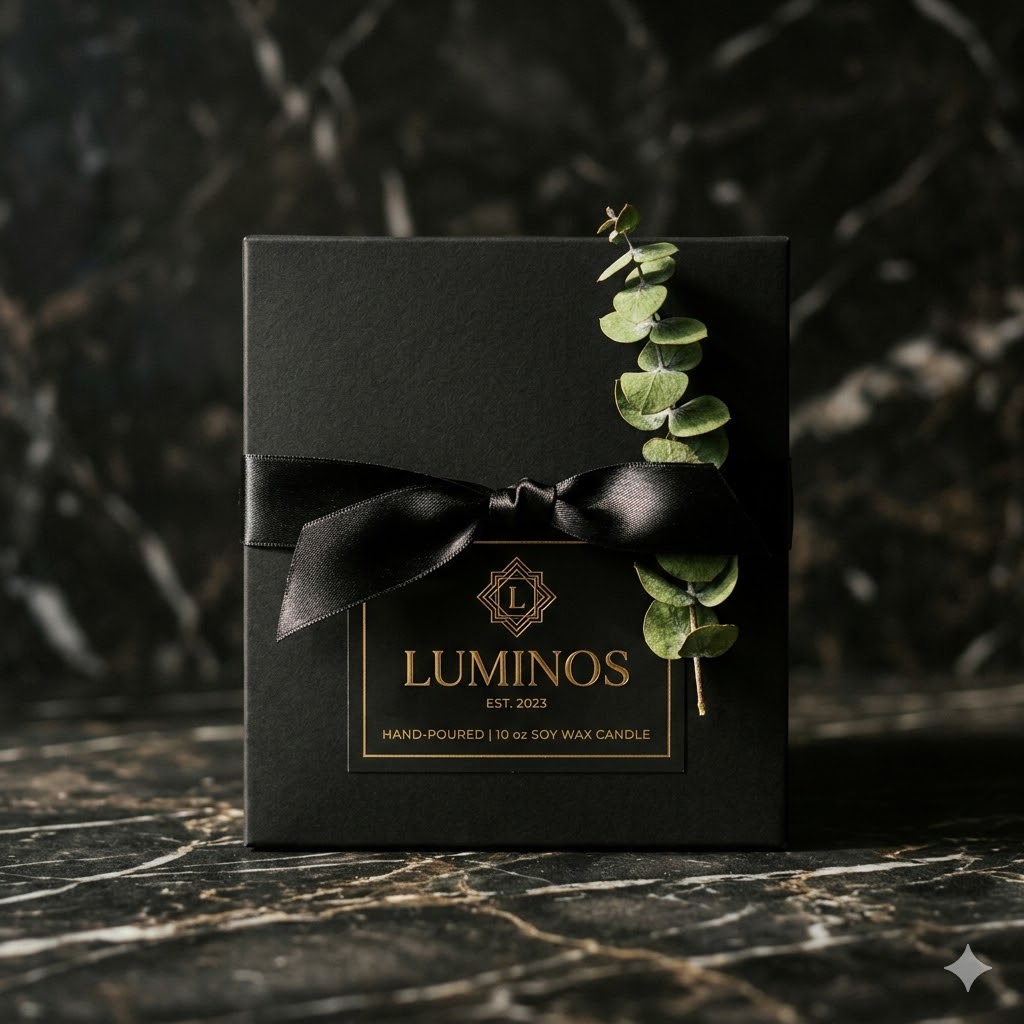 Dark moody candle gift box packaging idea with black box and gold branding for luxury candle brand