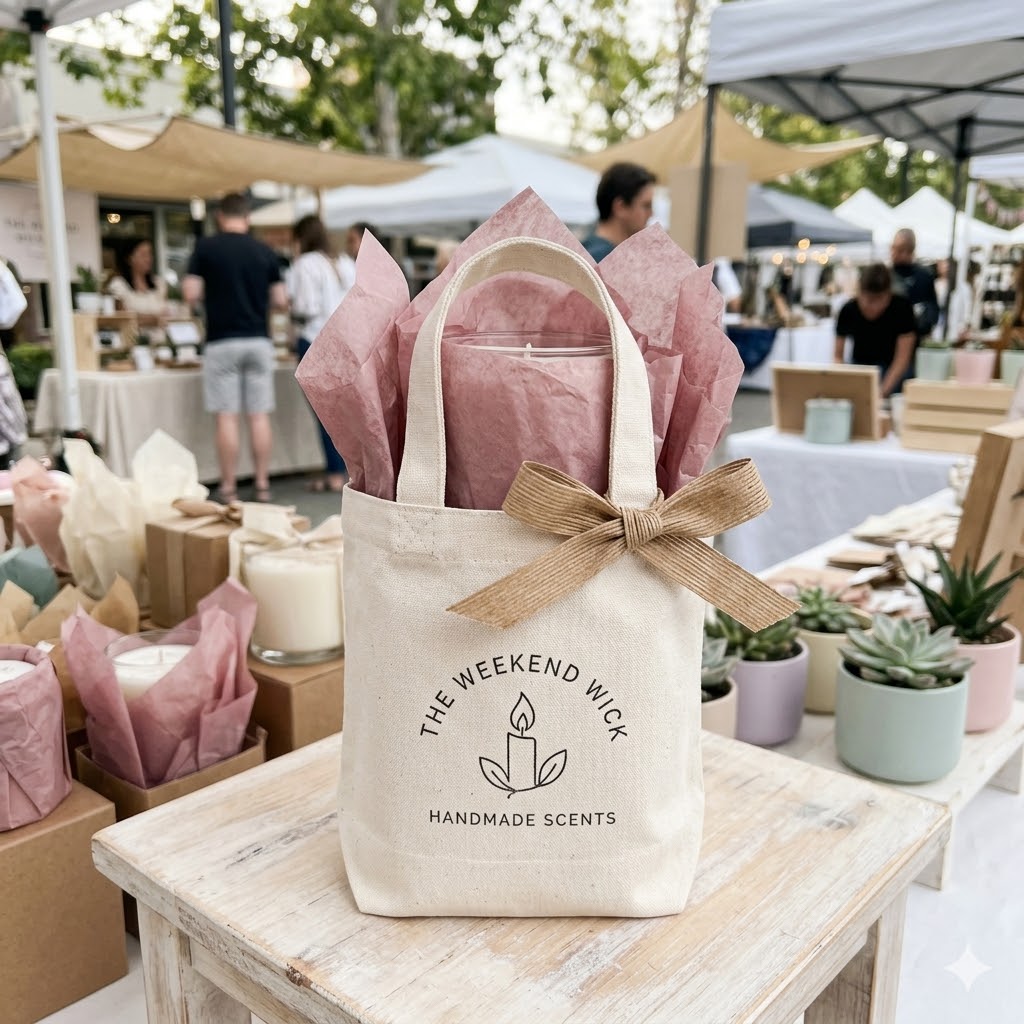 Candle gift wrap tote bag packaging idea for small business market stall and eco-friendly branding