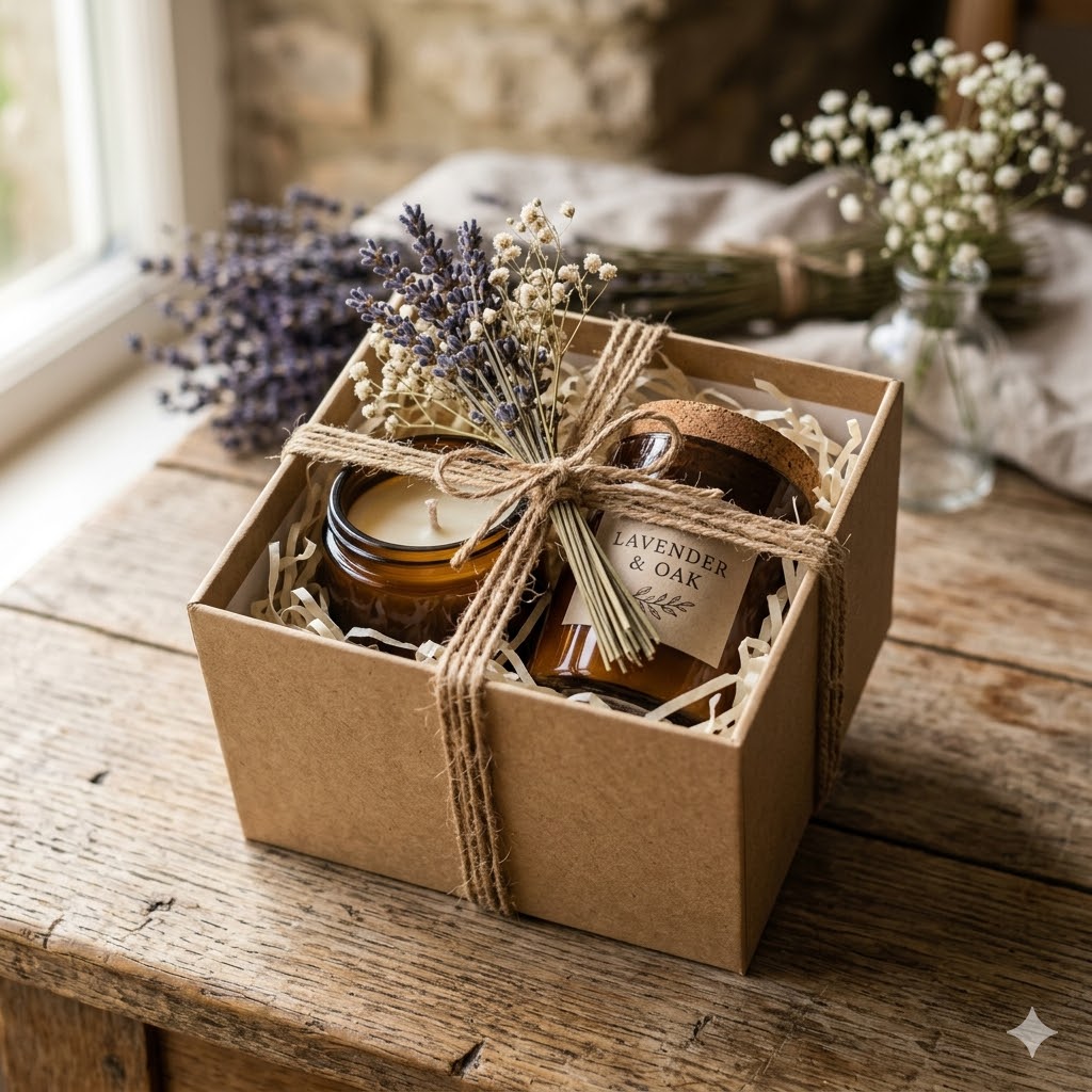 Botanical dried flower candle gift packaging idea for natural handmade candle small business