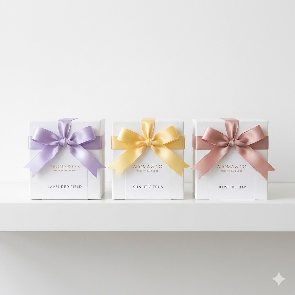 Candle gift packaging ribbon colour system idea for small candle business branding and product range