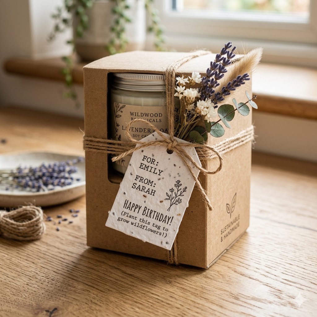 Eco-friendly candle gift packaging idea with kraft box and seed paper tag for sustainable small business