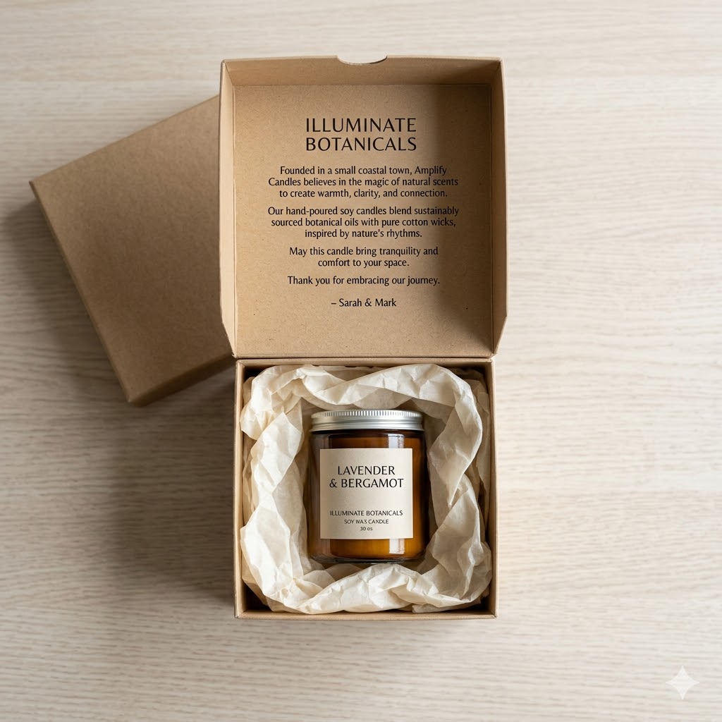Story brand candle gift box packaging idea with branded interior for small business candle branding