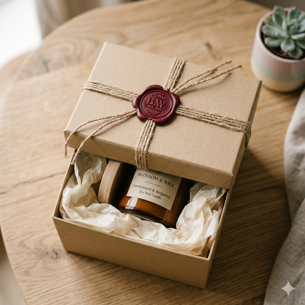 Kraft candle gift box packaging idea with wax seal for handmade candle small business