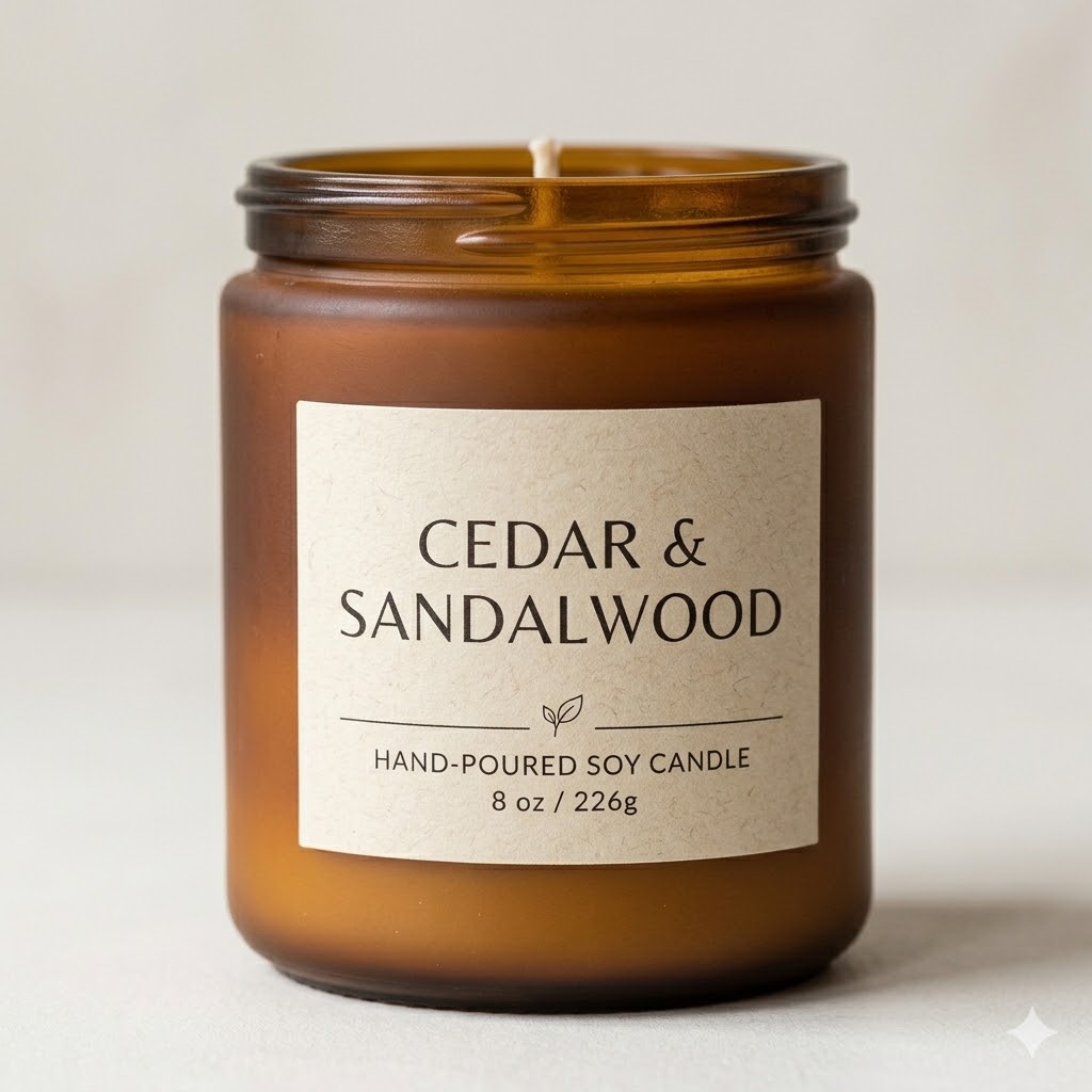 Close-up candle label photography for Etsy product listing branding photos