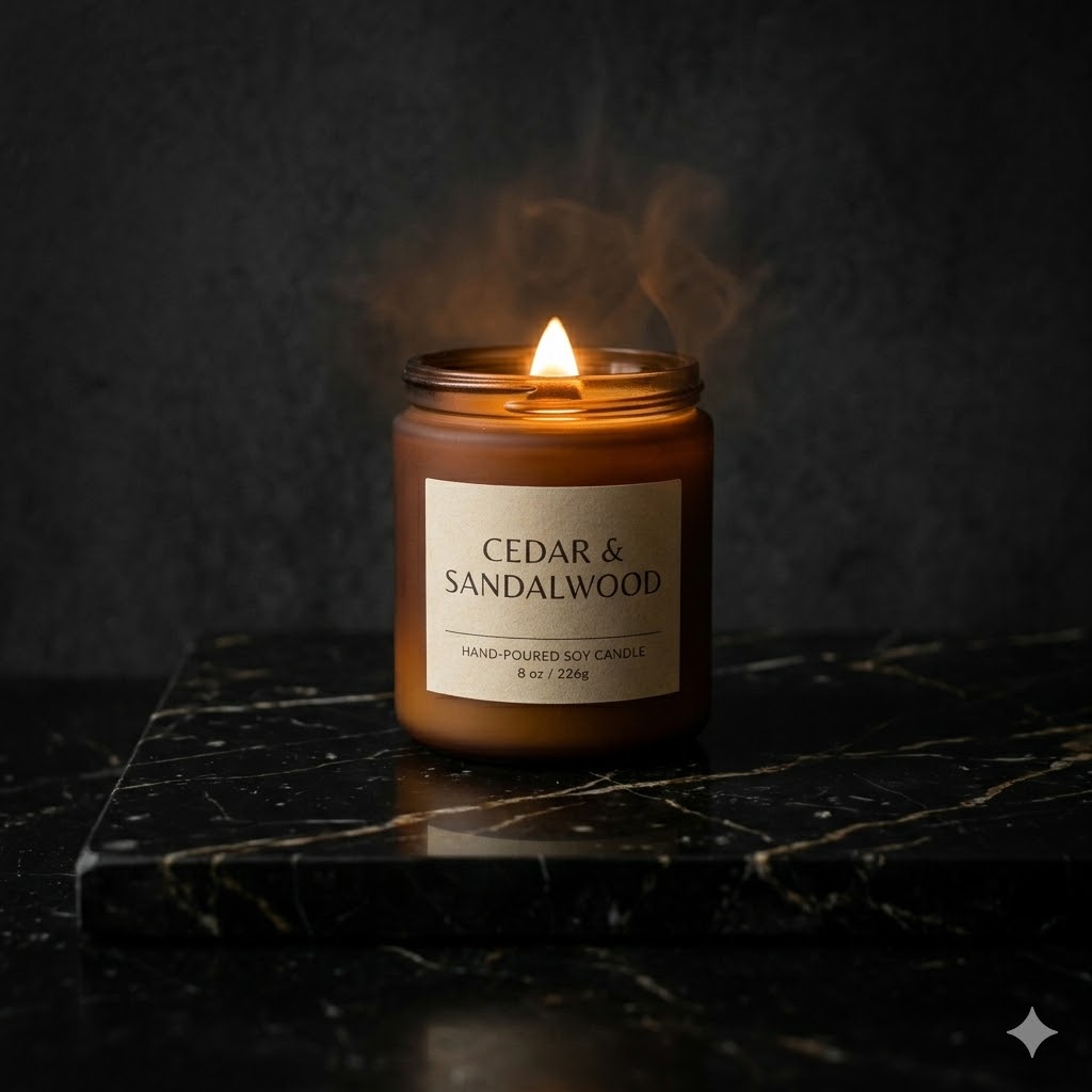 Dark and moody candle product photography idea for premium candle brand and website