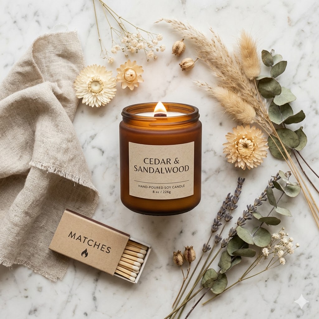 Candle flat lay photography ideas for Pinterest and Etsy product listings