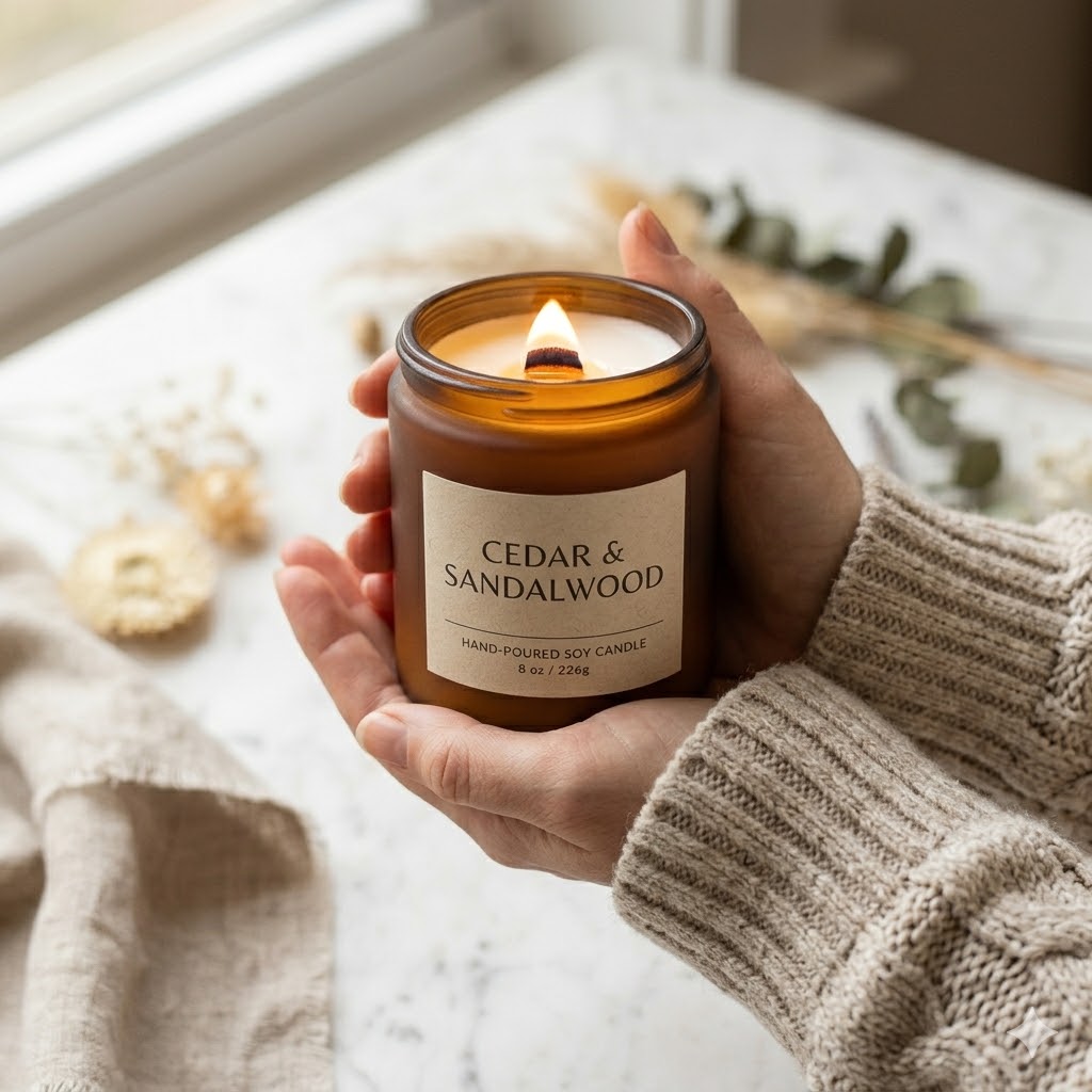 Hands holding candle for lifestyle candle product photography for Etsy and Instagram
