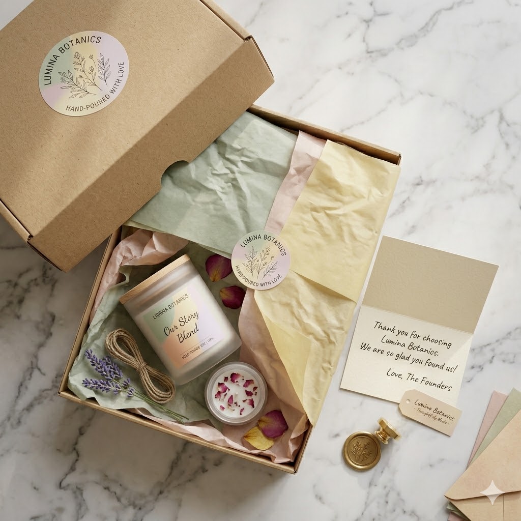 Flat lay of candle branding ideas moodboard with colour swatches, a logo sketch, a candle jar, and fabric samples on a clean white desk, small business branding planning aesthetic.