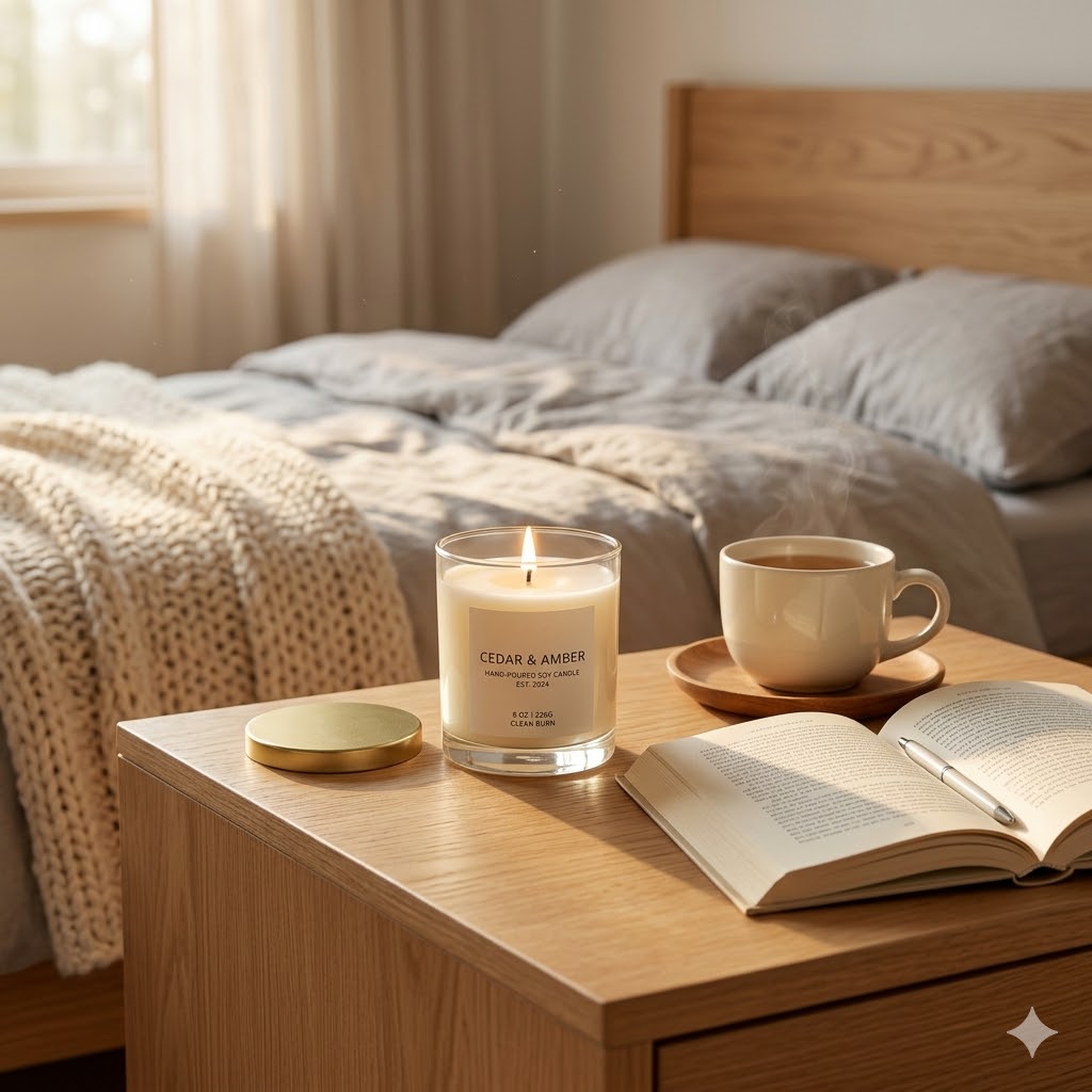 Lifestyle candle photography idea showing candle in a cosy home setting for online shop