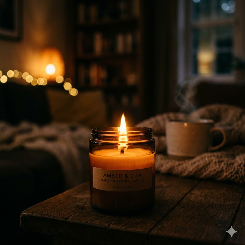 Lit candle glowing with warm light for candle product photography ideas