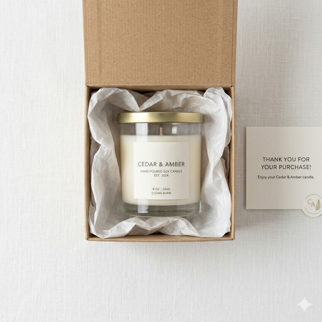 Candle packaging unboxing photography for small business branding and Etsy product photos