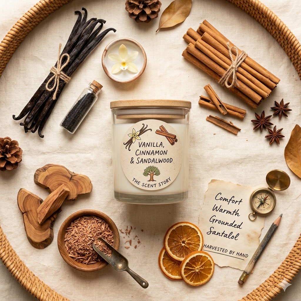 Scent story candle flat lay photography idea for Pinterest and small business branding photos