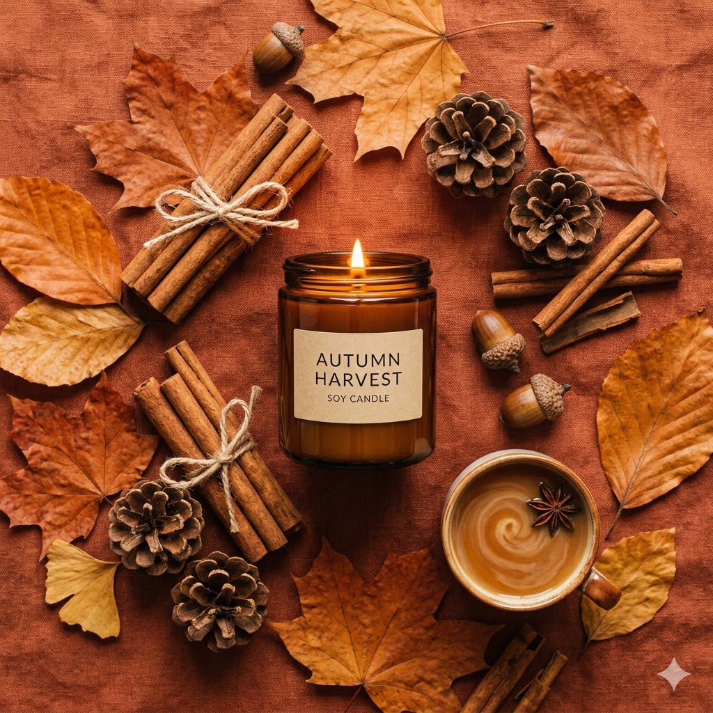 Seasonal candle styling photography ideas for autumn candle product photoshoot