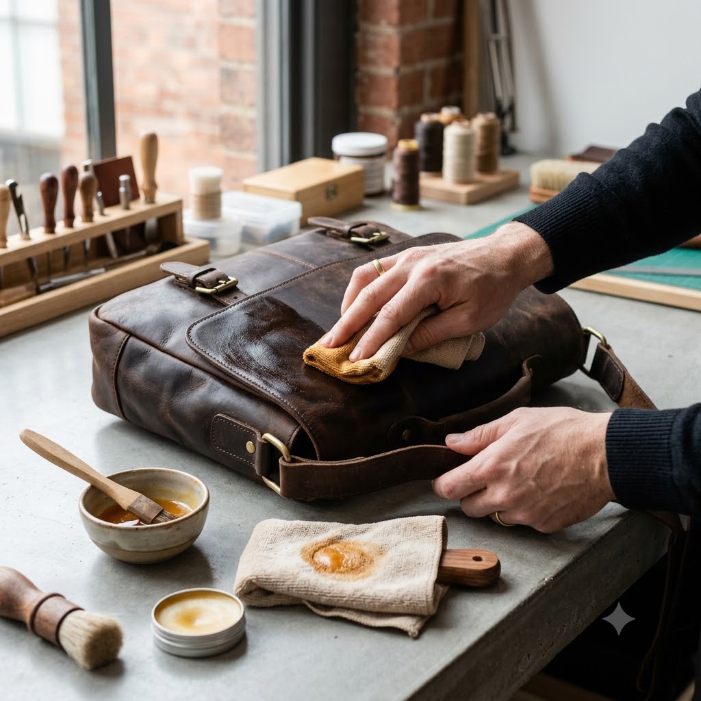 a leather bag getting polished with wax