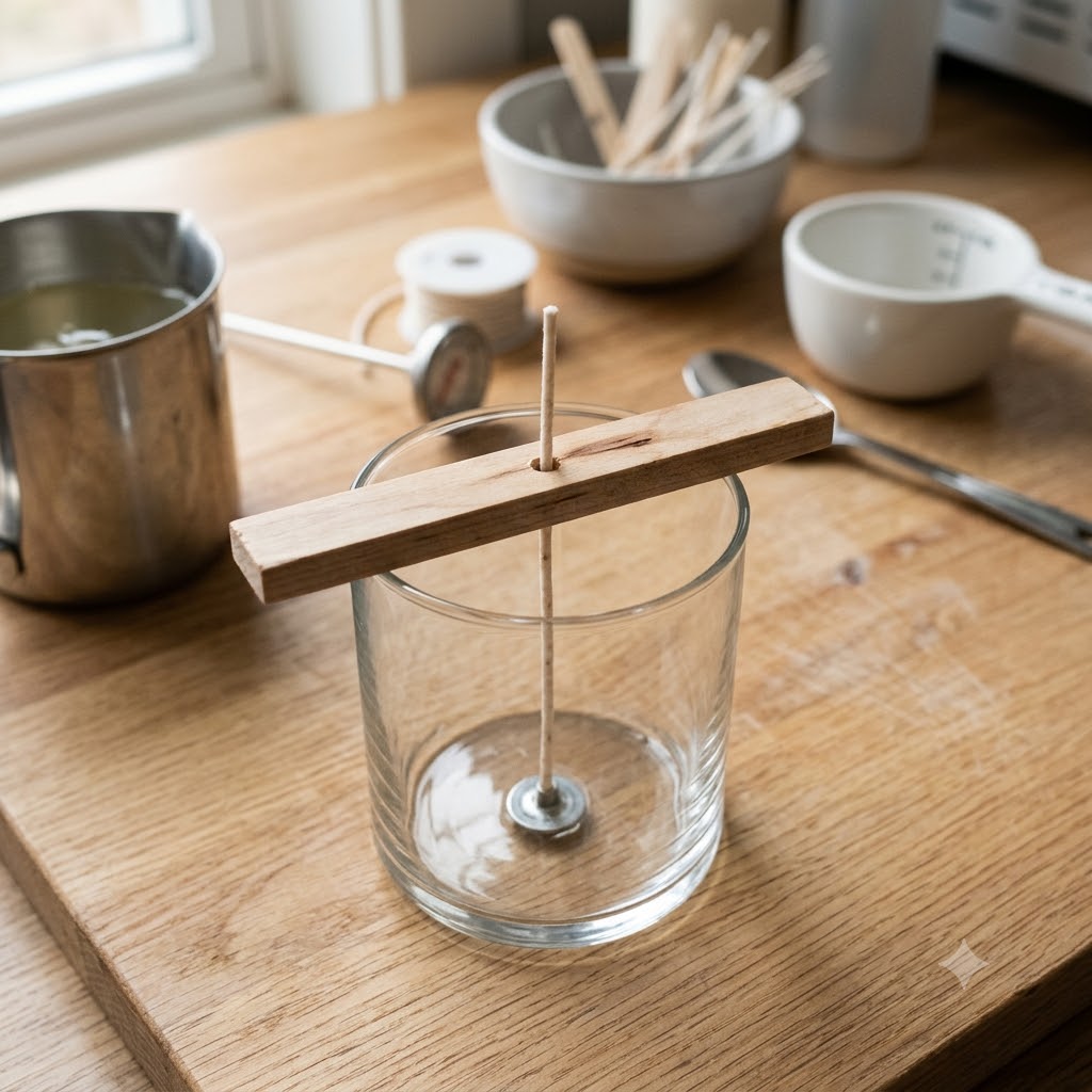 Preparing glass jar with centred wick for making layered candles at home