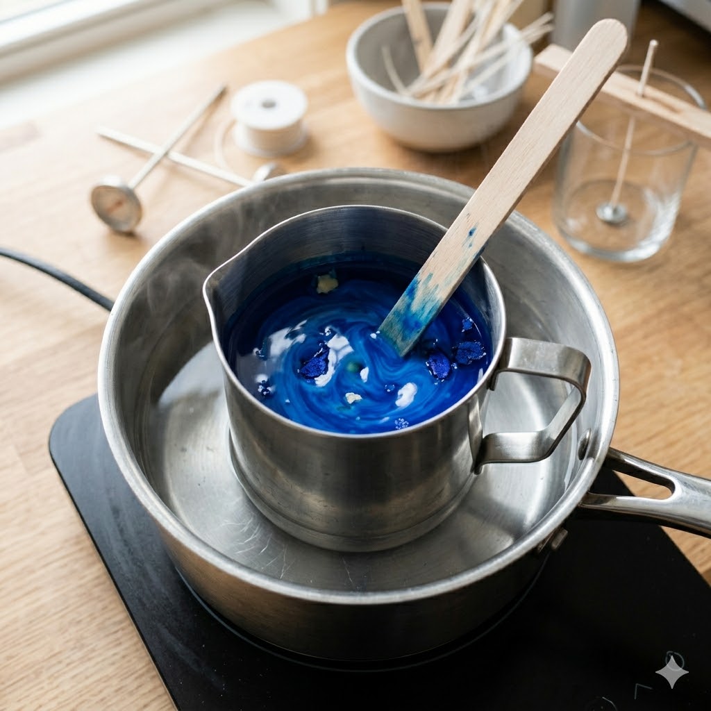 Melting and colouring wax for DIY layered candle making at home with candle dye