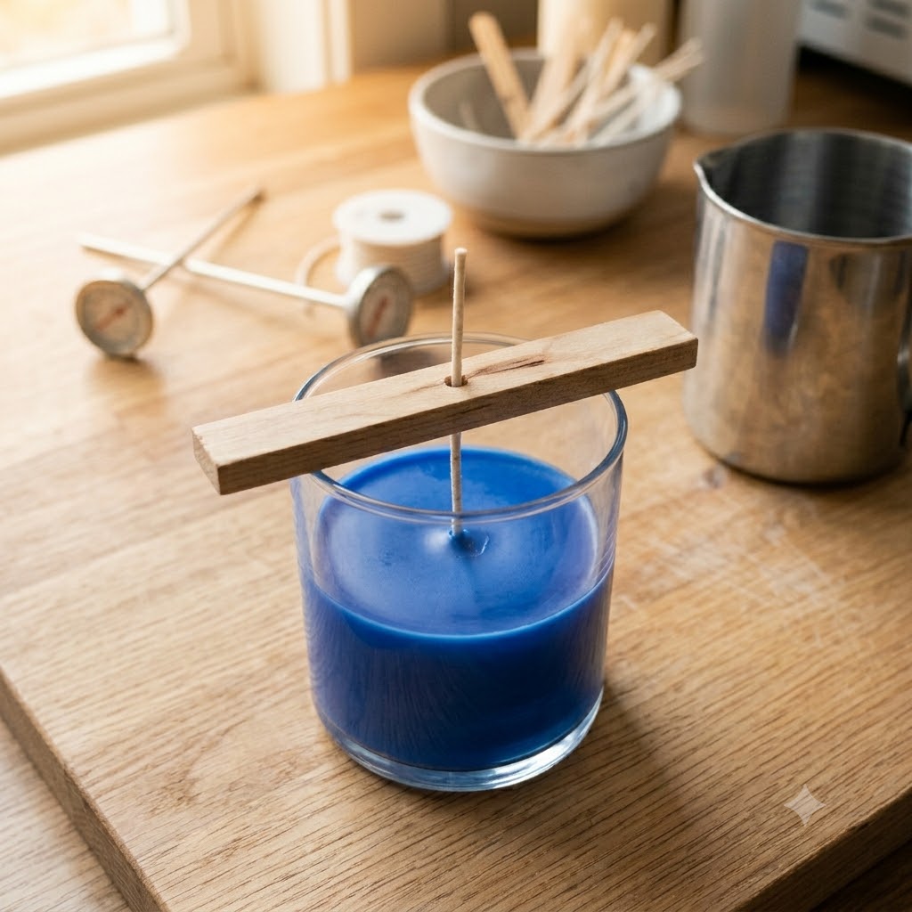 First coloured wax layer setting in glass jar for homemade layered candle making
