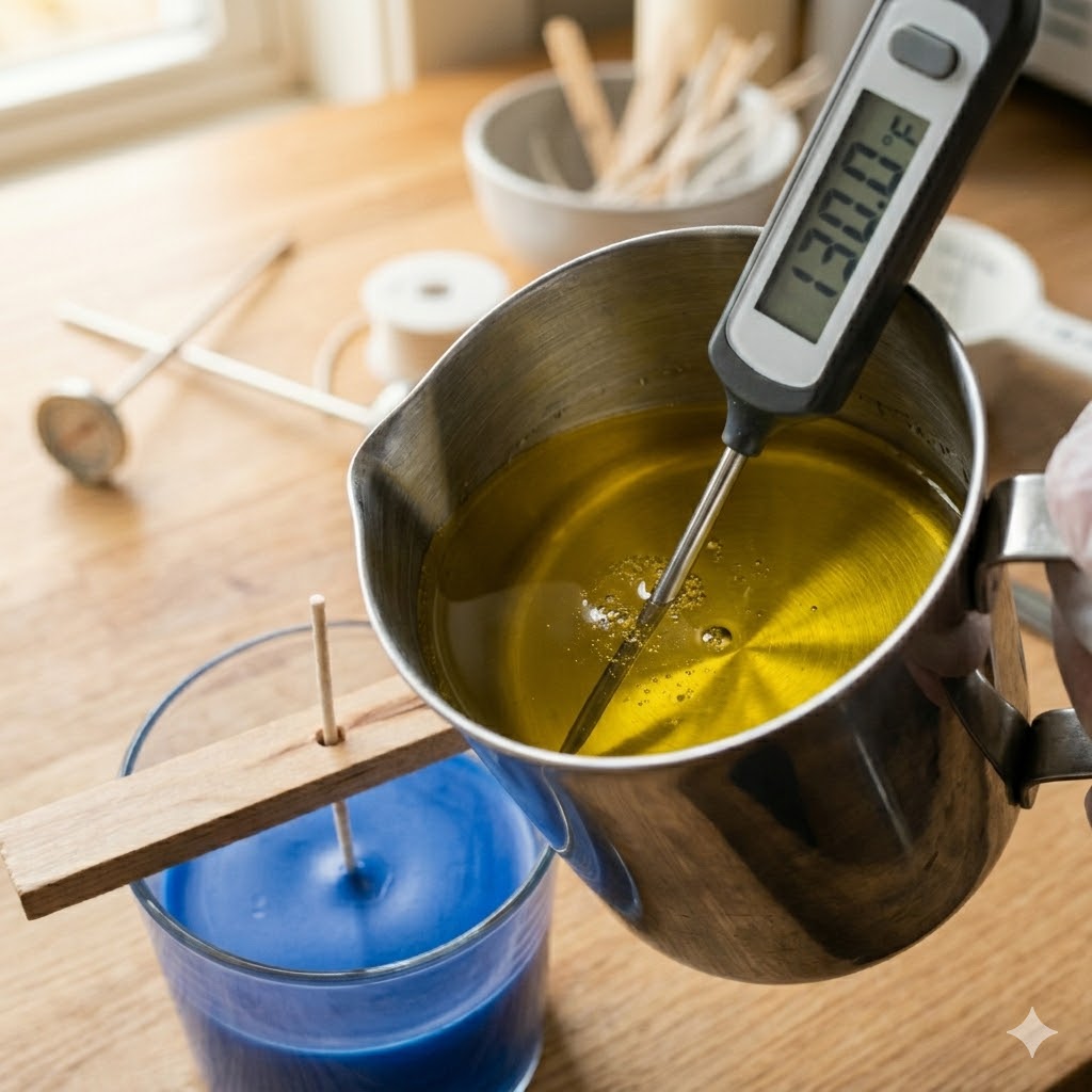 Checking wax temperature before pouring second layer for clean layered candle colors