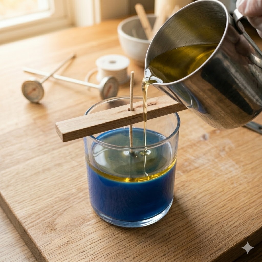 Pouring second wax layer carefully into jar for DIY multi colored layered candle