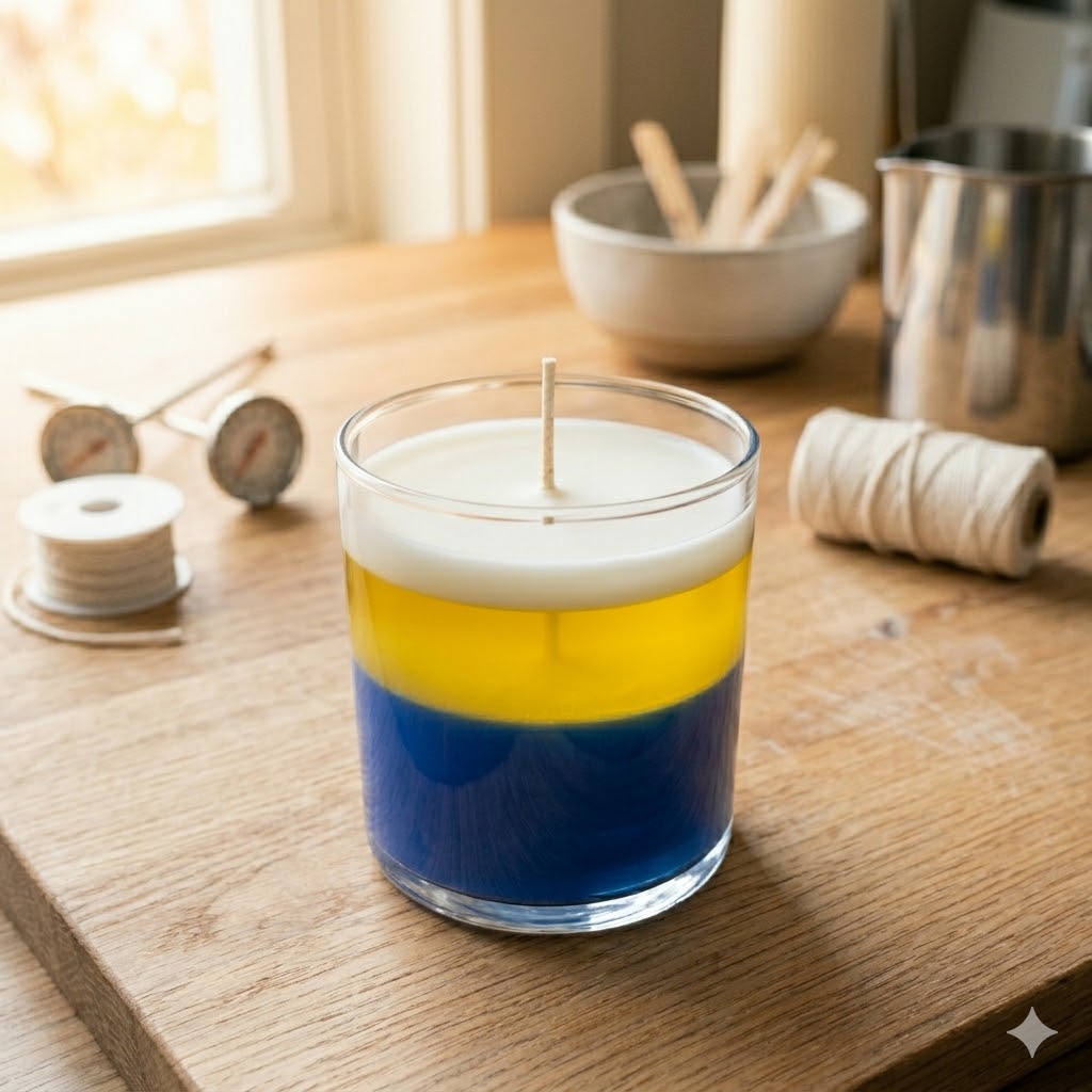Three layered candle with clean separate color bands in blue, yellow and white