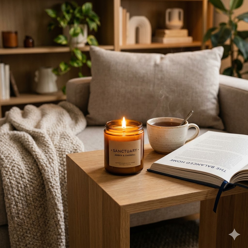 Beautifully lit scented candle in a glass jar on a wooden side table beside a book and a cup of tea, warm golden candlelight glow, cosy home décor lifestyle photo.