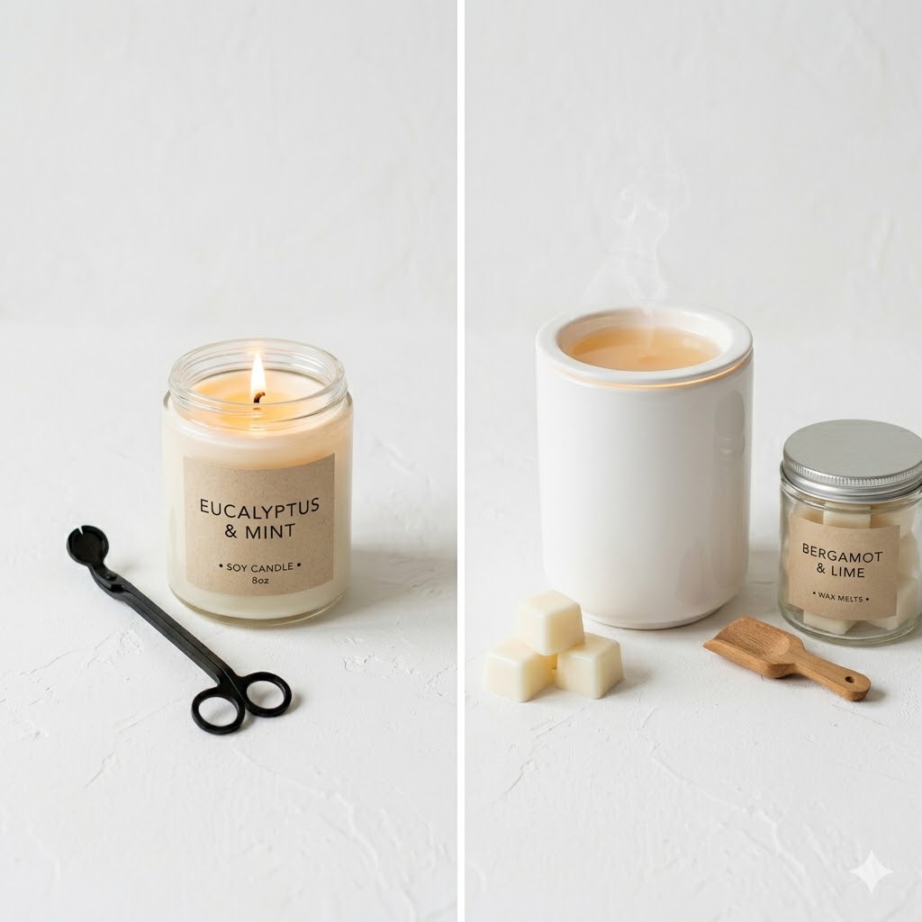 Wax melts vs candles side by side comparison flat lay for home fragrance ideas