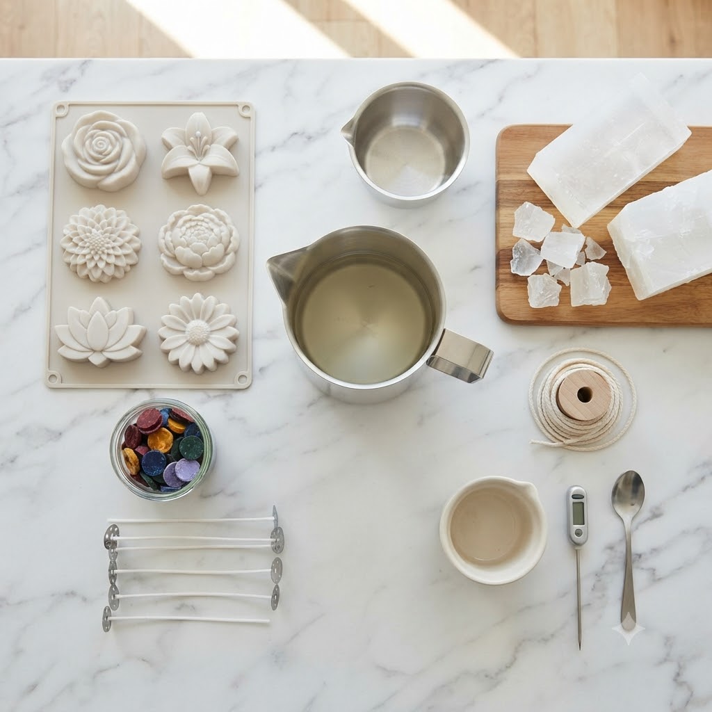 DIY floating candle making supplies including moulds, paraffin wax, and dye chips