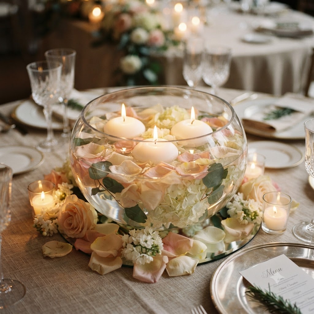 Floating candle centerpiece in glass vase with flower petals for home decor and wedding styling