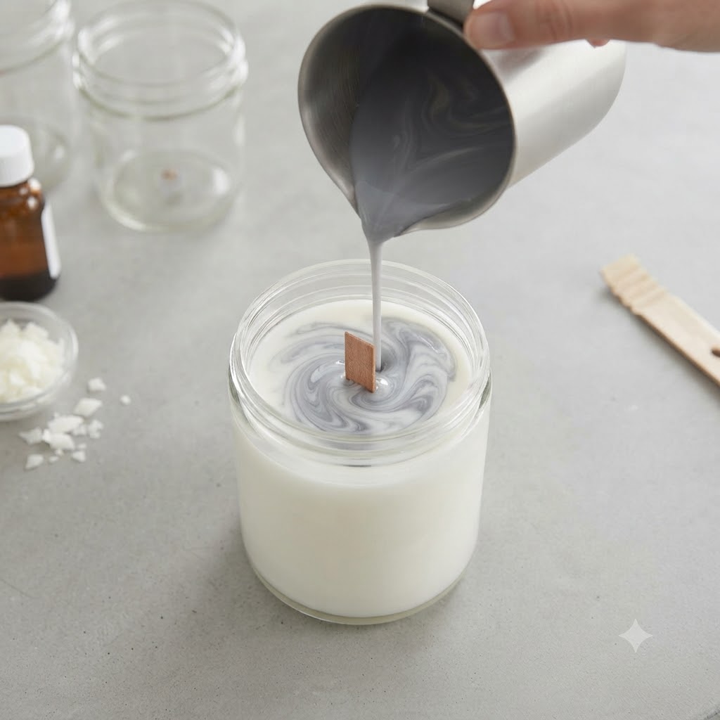 Pouring grey wax into white wax in glass jar for DIY marble candle swirl pour