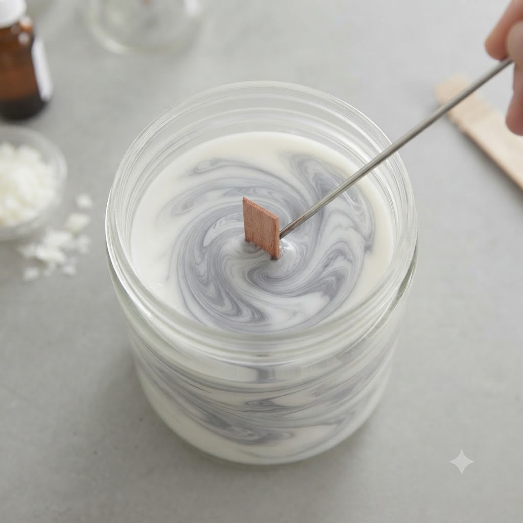 Swirling wax with skewer to create marble effect in DIY marble candle jar