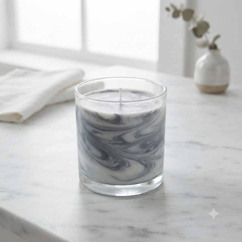 Finished DIY marble candle in glass jar with grey and white swirl pattern