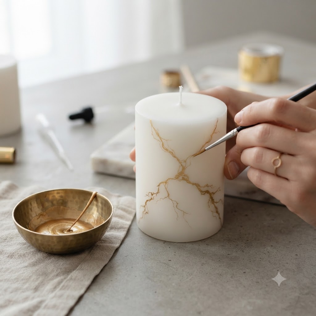 Painting gold marble veins onto white pillar candle for modern marble effect candle making
