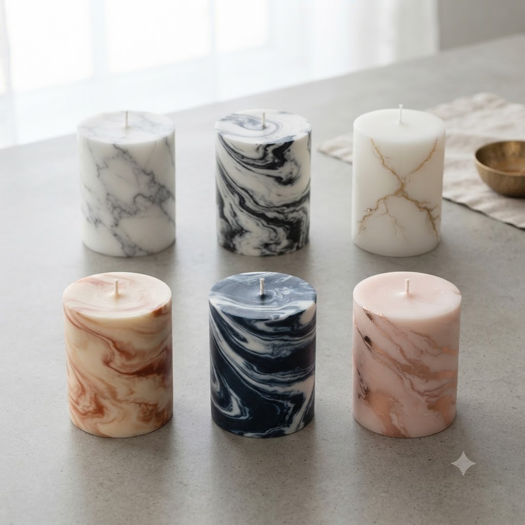 Flat lay of six different marble candles in different colour combinations — white grey, white black, white gold, cream terracotta, navy white, and blush rose — modern marble candle ideas display.