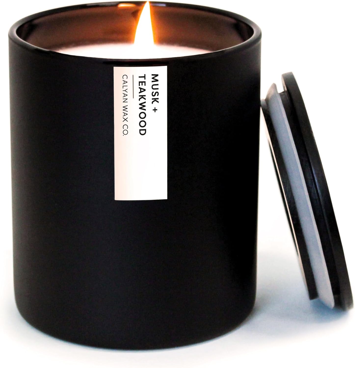 Calyan Wax Musk Teakwood 75 hour masculine candle gift for men in matte black tumbler
