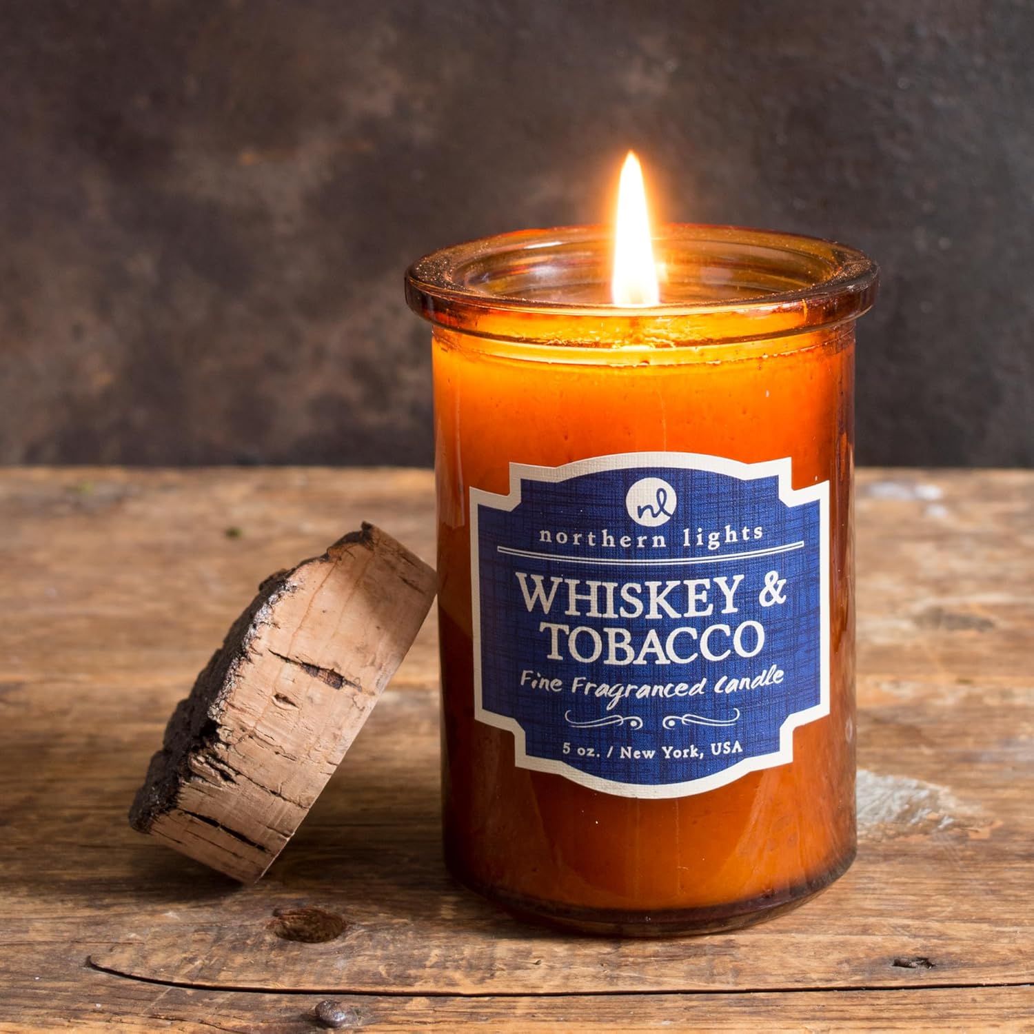 Northern Lights Whiskey and Tobacco masculine scented candle gift for men in amber glass jar