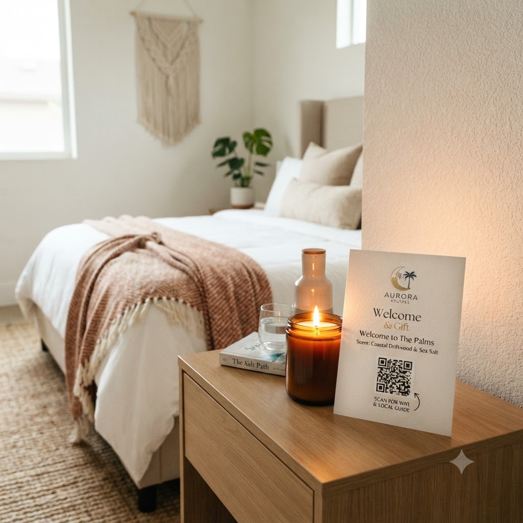 a candle with a card on a residence hotel room side table