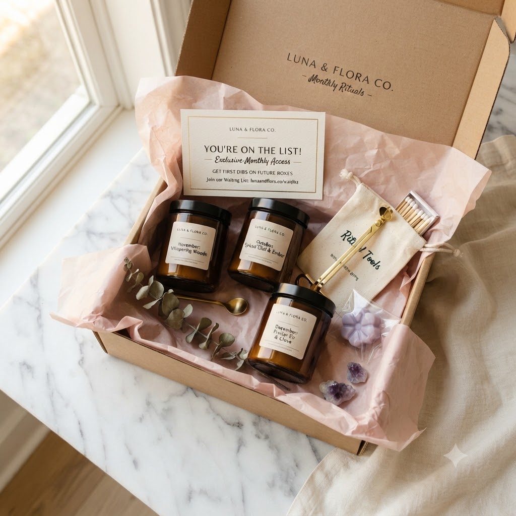 a box opened having candles, a subscription card and other stuff in it