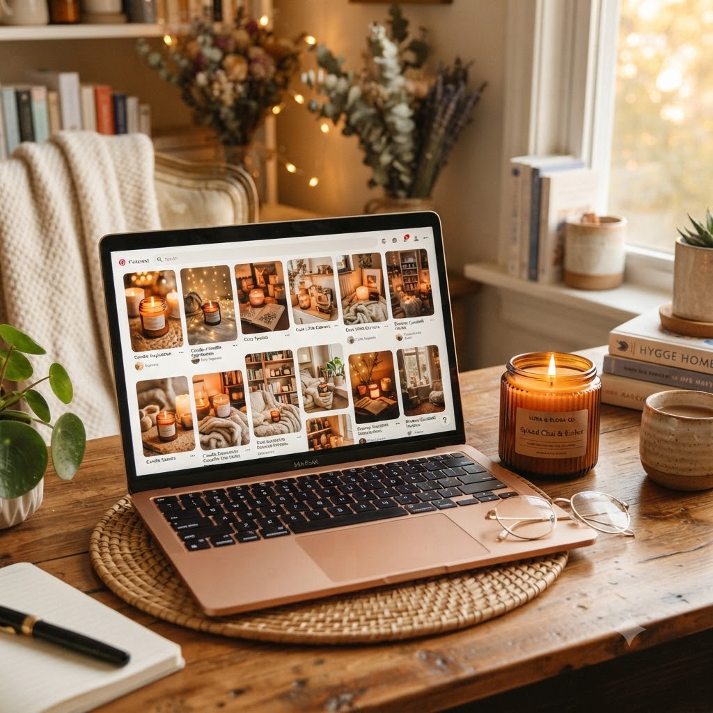 a laptop screen showing a Pinterest board filled with beautiful candle lifestyle images