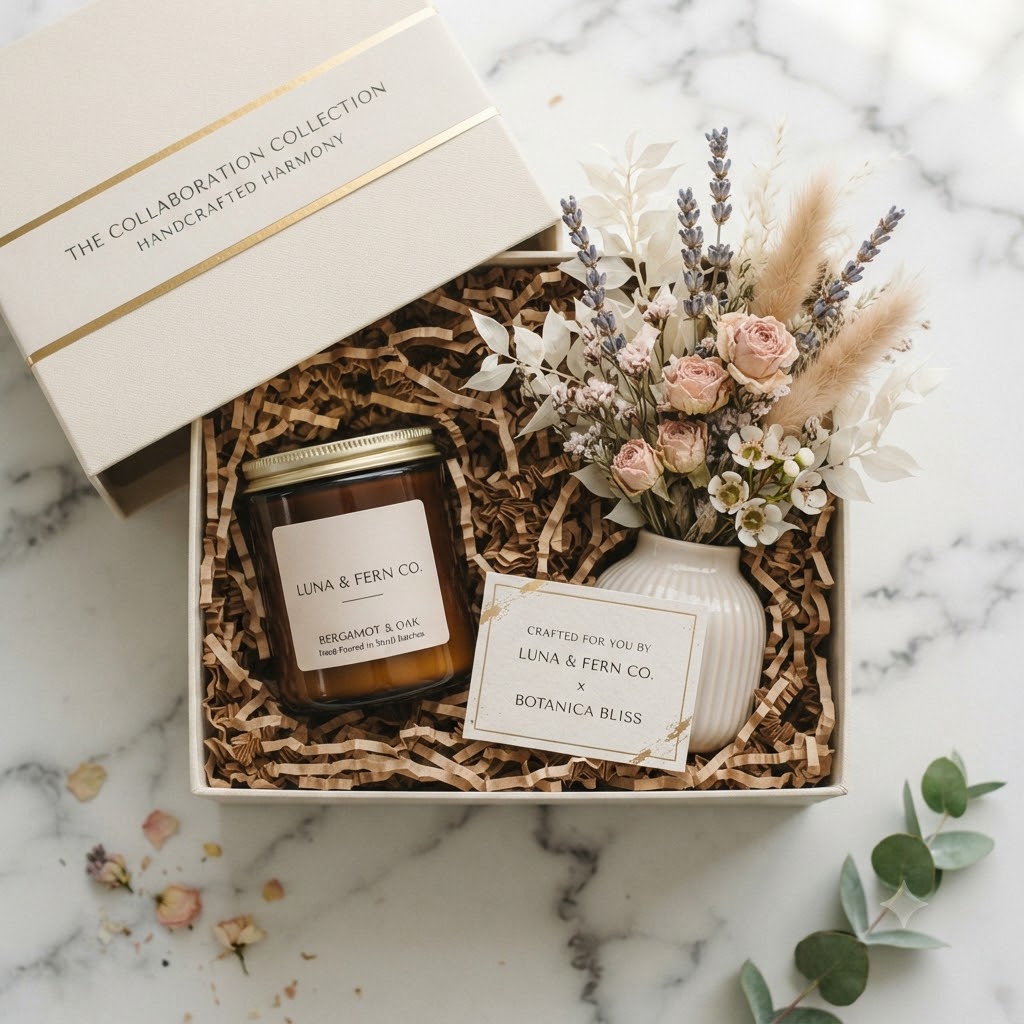 a box having a candle and a dried flowers vase in it with a business collab card