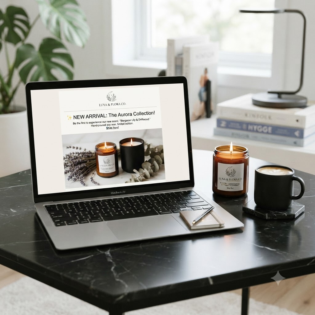 Laptop showing candle brand email newsletter with new candle launch announcement