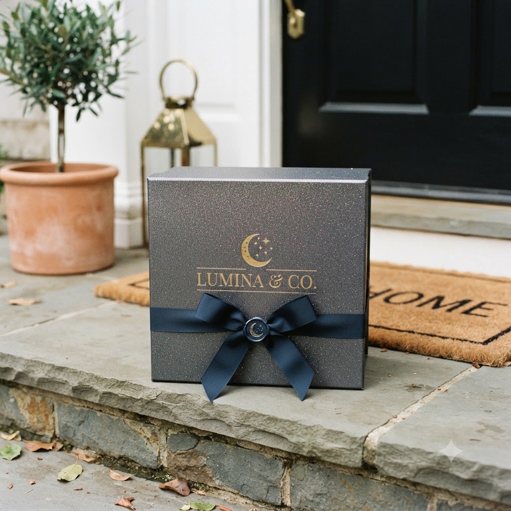 Branded candle shipping box on a doorstep with logo